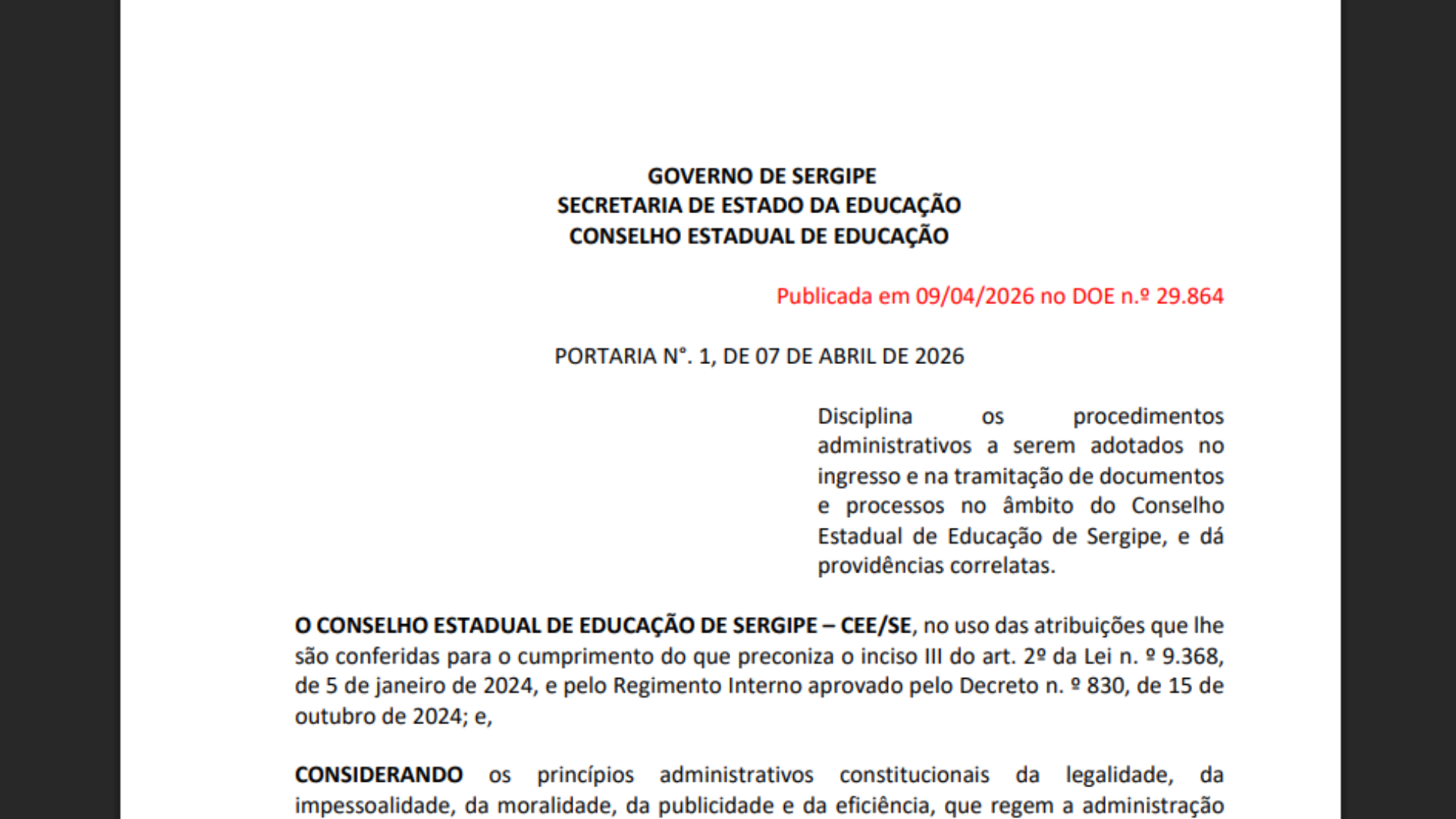 Nova portaria sobre procedimentos administrativos do CEE/SE é publicada no Diário Oficial